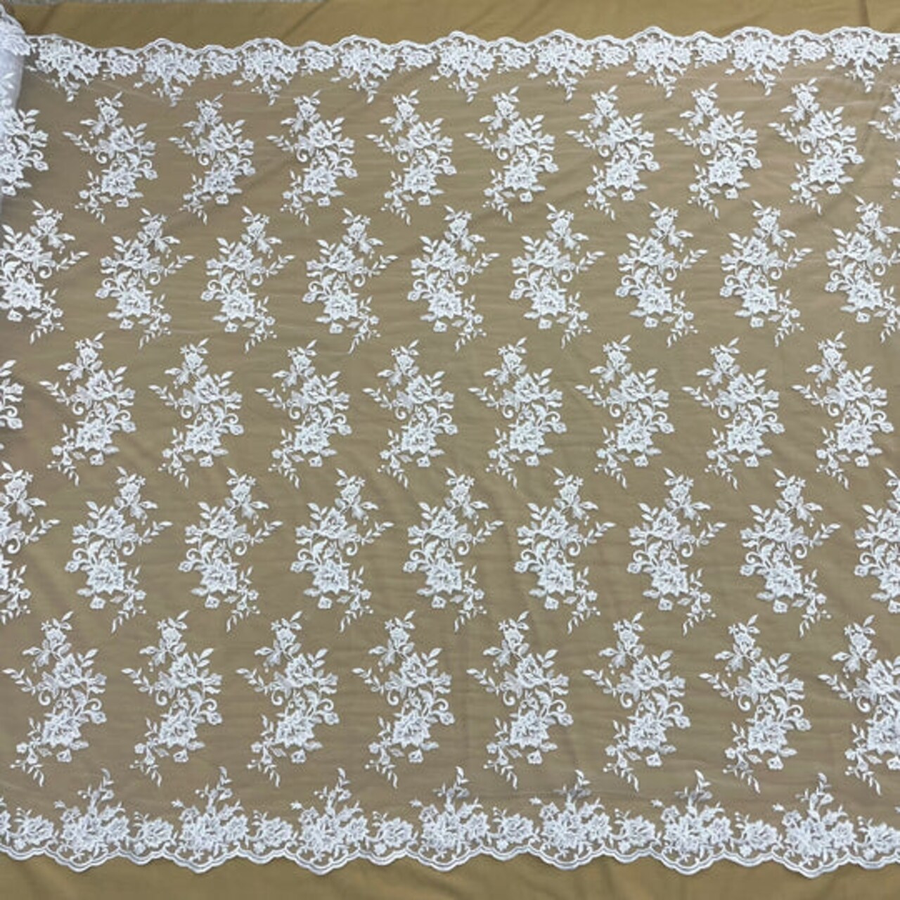 1 Yard Corded Bridal Lace Fabric Embroidered on 100% Polyester Net Mesh – 53"